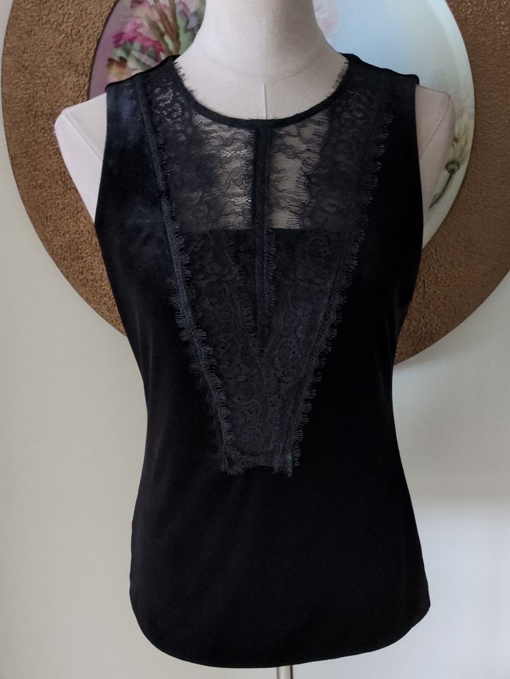 White House Black Market Lace-Trim Velvet Tank